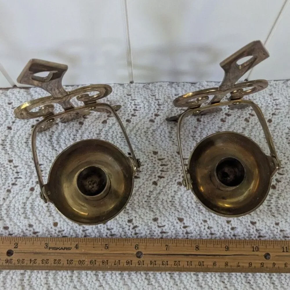 Pair of Vintage Solid Brass Swivel Wall Mount Candleholders - Gold